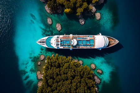realistic illustration of big white cruise ship at ocean or sea, perspective viewの素材