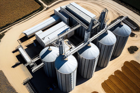 Canned food production isometric composition with view of storage tank moving conveyor line and arm manipulators illustrationの素材