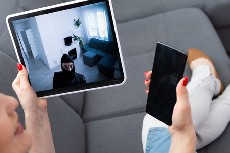 Woman monitoring modern cctv cameras on laptop indoors, closeup. Home security system