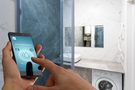 Hand holding smart phone with home control application with water detected, Smart home concept.の写真素材
