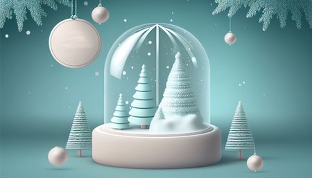 Crystal ball, snowball with snowy Christmas tree, spruce inside, falling snow, realistic holiday decoration, illustration. Generative AIの素材
