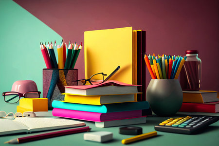 Stationery set icons. Book, notebook, ruler, knife, folder, pencil, pen, calculator, scissors, paint tape file Office supply school Office and Generative AI education equipmentの素材