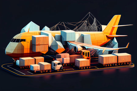 Cargo logistics transportation. Ship, truck, car, train, airplane. import export transport industry. Global freight transportation. illustration. Generative AIの素材