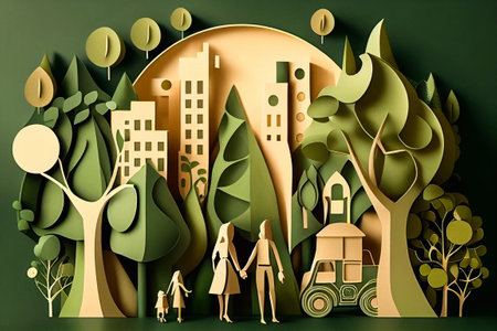 illustration in simple minimal geometric style - city landscape with buildings, Generative AI hills and trees - abstract background for header images for websites, banners, coversの素材