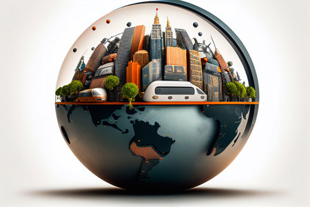 Earth with modern buildings and skyscrapers above it. Environment concept.の素材