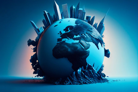 Map of the planet. World map. Global social network. Future. Blue futuristic background with planet Earth. Internet and Generative AI technology. Floating blue plexus geometric background.の素材