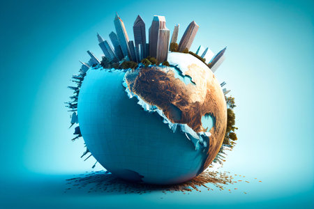 World environment day text with a full view of planet earth and nature landscape creative concept image manipulation. Generative AIの素材