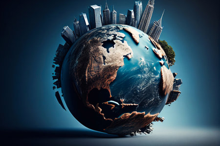 Earth with modern buildings and skyscrapers above it. Environment concept.の素材