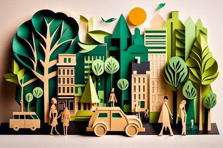 illustration in simple minimal geometric style - city Generative AI landscape with buildings, hills and trees - abstract background for header images for websites, banners, coversの素材
