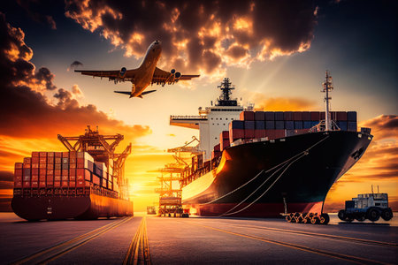 Industrial sea port cargo logistics container import export freight ship crane water delivery transportation concept shipping dock flat horizontal illustration. Generative AIの素材