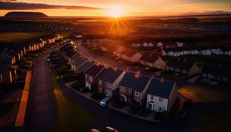 Urban or suburban neighborhood at night, houses with lights, late evening or midnight. homes with garages, trees and driveway. Suburb village landscape with cottage buildings, street lampsの素材