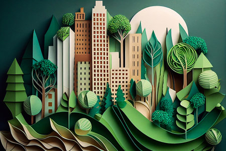 illustration in simple minimal geometric style - city landscape with buildings, hills and trees - abstract Generative AI background for header images for websites, banners, coversの素材