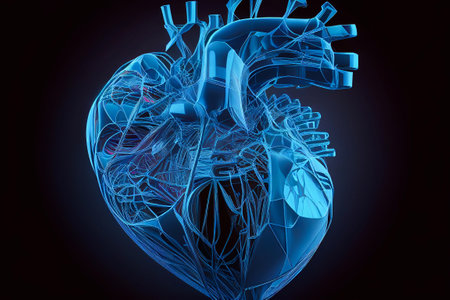 Abstract low-polygonal human heart, created from dots, triangles, lines. Anatomy, medicine. Shining blue background. illustration. Generative AIの素材