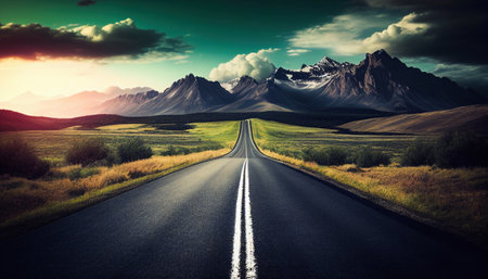 Road to nature backgroud illustration. Street with field , hills, clouds, trees and sun. Beautiful nature landscape. Generative AIの素材