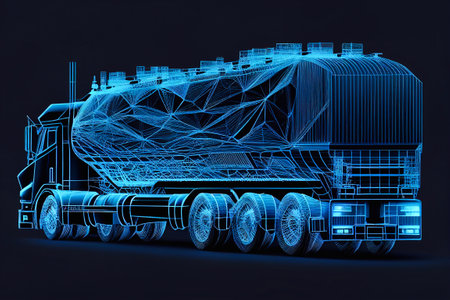 Fast delivery truck icon form lines and triangles, point connecting network on blue background. Illustration. Generative AIの素材