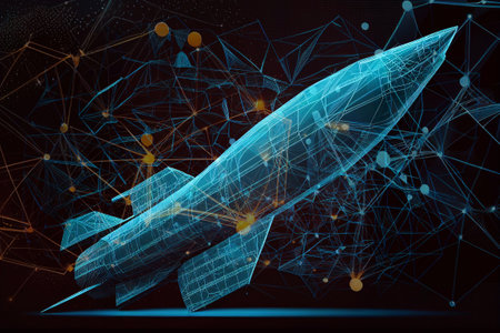 Abstract image of rocket of a starry sky or space, consisting of points, lines, and shapes in the form of planets, stars and the universe. Generative AIの素材