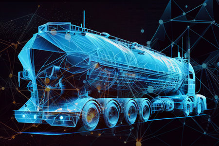 Fast delivery truck icon form lines and triangles, point connecting network on blue background. Illustration. Generative AIの素材