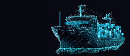 Worldwide cargo ship. Polygonal wireframe mesh art looks like constellation on dark blue night sky with dots and stars. Transportation, logistic, shipping concept illustration or background. Generative AIの素材