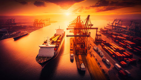 Ports with cargo ships and containers work with craneの素材