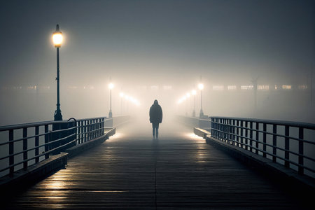 a cold morning, a person goes over the bridge, despairの素材