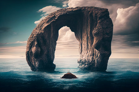 Landscape with salty water on seashore. Waves hit rocks and spray scatters. Water surface of sea with stones. Ocean landscape illustration. Vacation at sea and pastime in fresh air concept.の素材