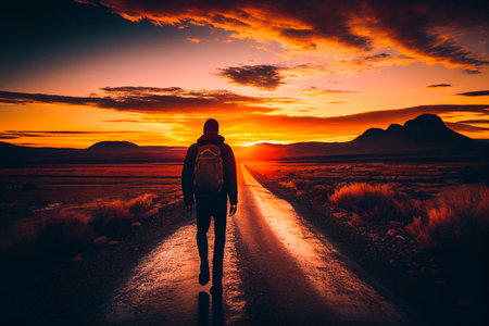 Loving nature walk - Silhouette of man walking with backpack in landscape with sea, mountains and forest in background. Stress reduction and solitude concept. illustrationの素材