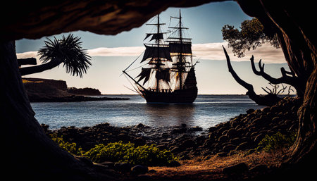 Sea lagoon with wooden pirate ship with black sails with skull. Tropical island sand beach landscape with palm trees, mountains and corsair boat on water, cartoon illustration.の素材