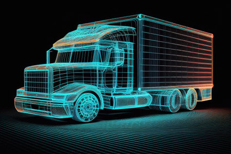 Truck. Abstract 3d heavy lorry van on highway road. Icon pin. Isの素材