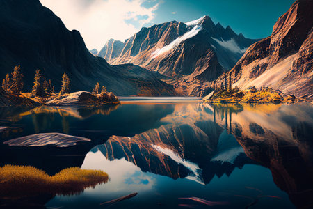 Cartoon flat panorama of spring summer beautiful nature, green grasslands meadow with flowers, forest, scenic blue lake, mountains on horizon background, mountain lake landscape illustrationの素材