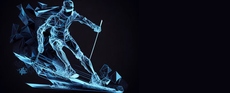 Female skier riding the slope at the hight speed in mountainの素材