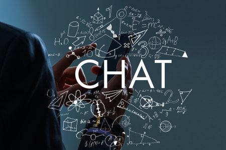 Virtual creative artificial Intelligence hologram with formulas. Multiexposureの写真素材