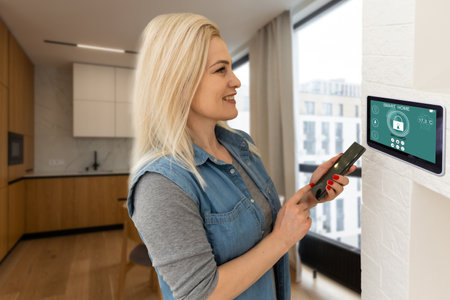 Controlling home with a digital touch screen panel installed on the wall in the living room. Concept of a smart home and mobile application for managing smart devices at home.の写真素材