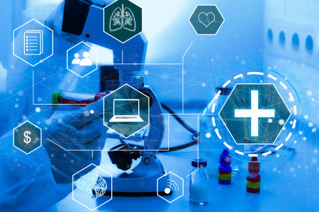 Medical technology concept. Doctor and illustration of different icons, closeupの写真素材
