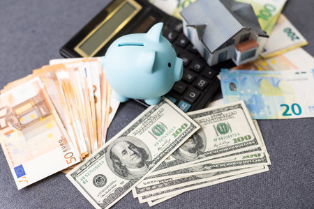 Pig shaped piggy bank, euro banknotes and us dollars on isolated white backgroundの写真素材