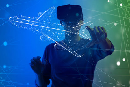Jet Engine Augmented Reality Hologramm. Specialists Work in Technological Plane Development...