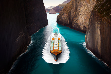 A birds-eye view of an oil tanker navigating through a narrow strait or canal with towering cliffs on both sides Generative AIの素材