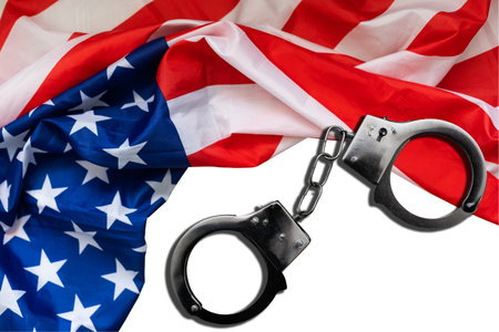 Police handcuffs on the USA flag, close-upの写真素材