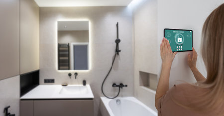 pretty blonde woman using smart home control panel.の写真素材