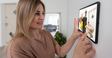 Delivery man ringing door bell on cctv secure camera system on tablet appの写真素材