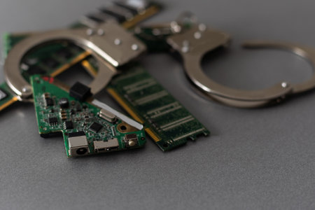 handcuffs against a computer electronics board. The concept of electronic fraud and hacker attacksの写真素材