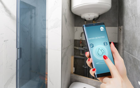 Hand holding smart phone with home control application with water detected, Smart home concept.の写真素材