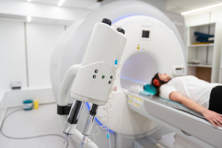 Medical CT or MRI Scan with a patient in the modern hospital laboratory. Interior of radiography department. Technologically advanced equipment in white room. Magnetic resonance diagnostics machineの写真素材
