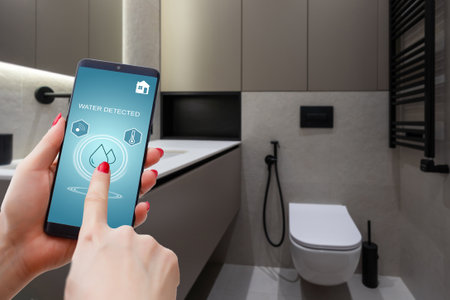 smart phone with home control application with water detectedの写真素材