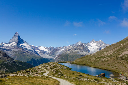 Amazing view of touristic trail near the Matterhorn in the Swiss Alps.の写真素材