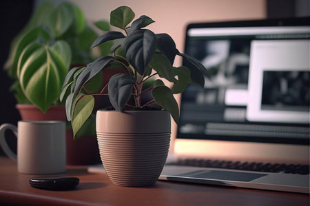 Workplace and working on laptop watching video player, concept oの素材