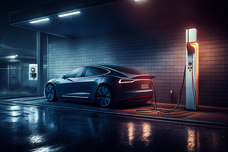 Modern electric smart suv car charging parking at the charger station with a plug in cable. Isolated flat illustration concept on white background. Electrified future transportation e-motion.の素材