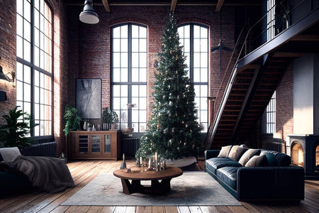 Living Room Decorated For Christmas And New Year Horizontal Banner Pine Tree , Fireplace And Garlands Holidays Home Interior Flat Illustration.の素材