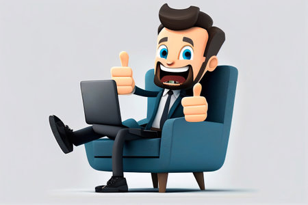 Young man working and studying on laptop computer. 3d character Isolated on white background. Online learning or remote work concept. Illustrationの素材