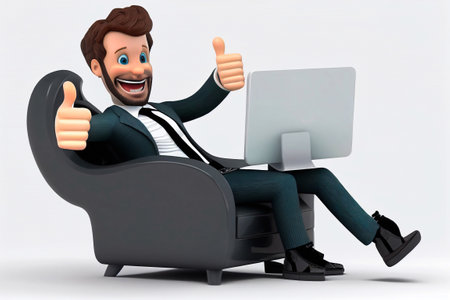 Young man working and studying on laptop computer. 3d character Isolated on white background. Online learning or remote work concept. Illustrationの素材