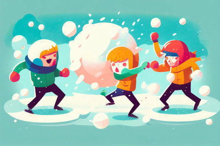 Winter outdoor activities with kids and snowman. Children playing snowballs, sledding and ice skating outdoor in winter.の素材